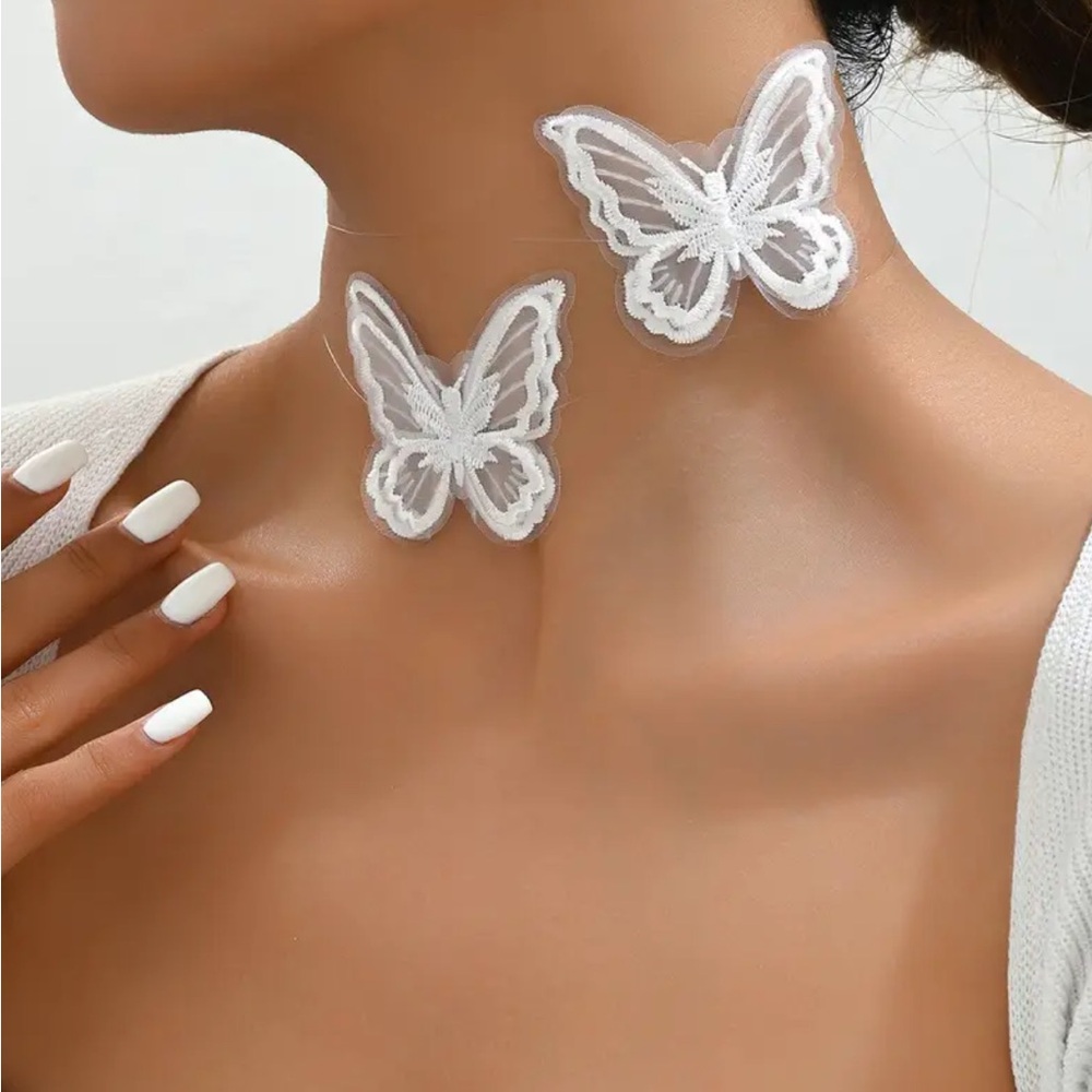 White Embroidered Butterfly Choker Necklace